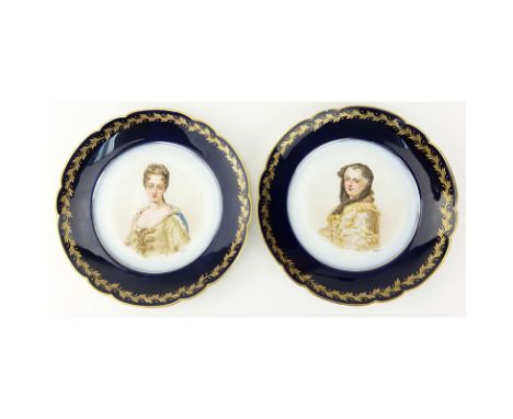 Pair of 19/20th Century Sevres Chateau de St Cloud Cobalt and Gilt Hand painted Cabinet Plates. Features a portrait of the Du