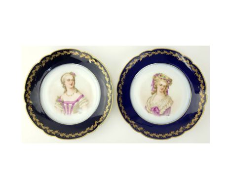 Pair of 19/20th Century Sevres Chateau de St Cloud Cobalt and Gilt Hand painted Cabinet Plates. Features a portrait of the Ma