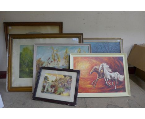 A hunting scene print and four other prints 