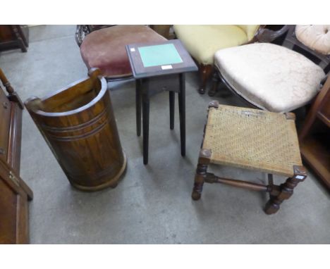 An oak stick stand, a stool and a jardiniere stand 