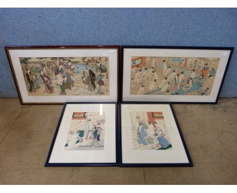 Two Japanese woodblock prints and two others, bath house scenes, framed 
