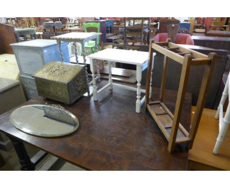 A painted pine blanket chest, a brass framed mirror, an oak stick stand, etc. 