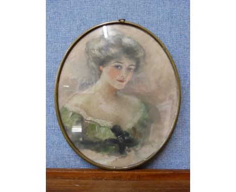 French School, Art Deco oval portrait of a lady, oil on board, framed 