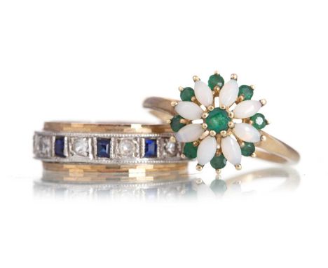 EMERALD AND OPAL RING ALONG WITH A SAPPHIRE AND GEM SET RING each marked for nine carat gold, size Q and M