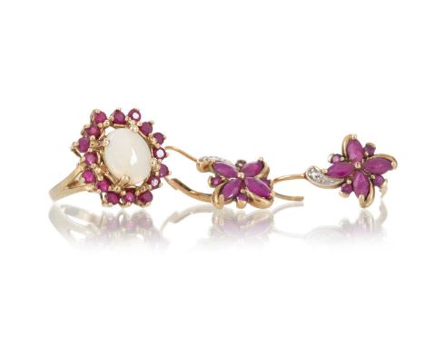 RUBY AND OPAL RING ALONG WITH A PAIR OF RUBY EARRINGS each in nine carat goldQty: 2Ring size K. All stones intact.