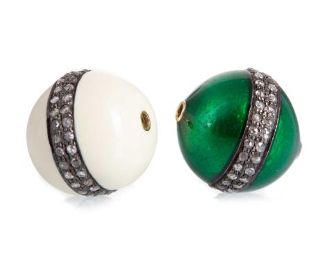 TWO ENAMEL AND DIAMOND BEADS one cream and one green, each with a central band of rose cut diamonds