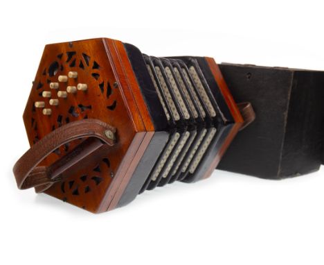 LACHENAL &amp; CO 21 BUTTON CONCERTINA, with bone buttons, fretworked wooden ends and five fold bellows, reg no. 23140, 16cm 
