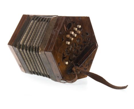 VICTORIAN CONCERTINA, unmarked, 21 button (two are missing), fretted mahogany ends, green bellows, 17cm high