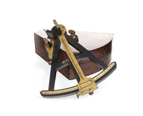 EARLY 20TH CENTURY SEXTANT FRAME, the black lacquered body with brass arc, bone numerals, with hardwood case, 30cm wide; alon