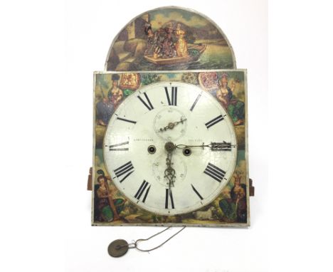 MID 19TH CENTURY LONGCASE CLOCK DIAL and MOVEMENT, the arched painted enamel dial with Roman and Arabic numerals, subsidiary 