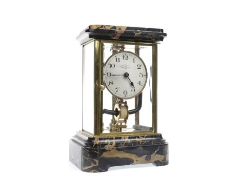 EARLY 20TH CENTURY BULLE CLOCKETTE MANTEL CLOCK, electric movement, the silvered dial with Arabic numerals, with veined marbl