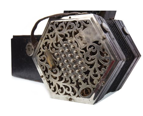 VICTORIAN CONCERTINA, probably by C. Wheatstone, 48 button, scroll pierced metal ends, black bellows, 16cm high, in leather c