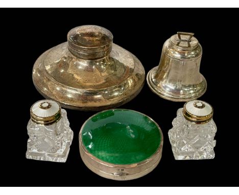 Silver and green enamel compact, Birmingham 1925, Sterling and enamel shakers, silver bell inkwell and silver capstan inkwell