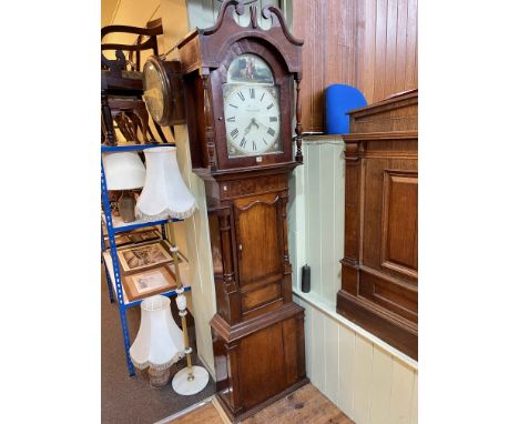 Antique mahogany 30 hour longcase clock having painted arched dial, signed Furnace, Cockermouth, 221cm.