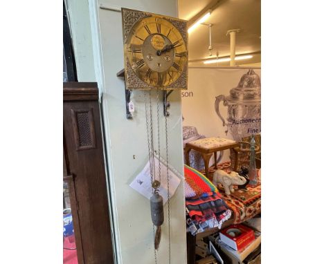 Antique square brass longcase clock dial and movement adapted as a bracket clock, dial 29cm by 29cm.