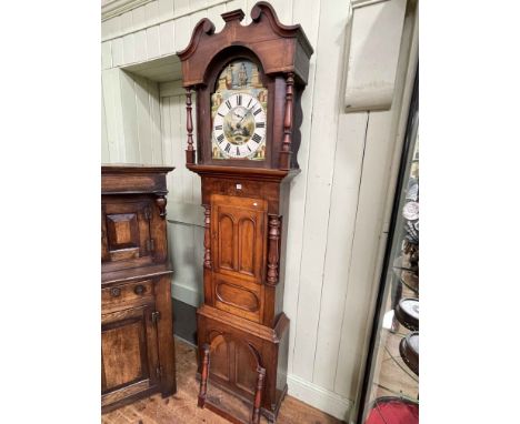 Antique mahogany 8 day longcase clock having painted nautical phase arched dial, signed John Griiffith, Carnarvon &amp; Rhiwb