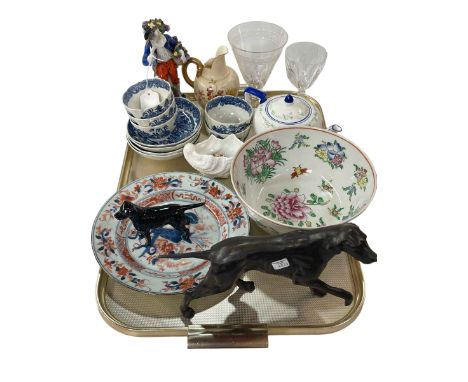 Chinese plate and bowl, Royal Worcester blush jug, Continental figure, Carlton Ware teapot, blue and white tea bowls and sauc