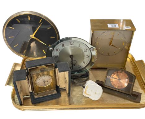 Zenith 8 day carriage clock, Jaeger le Coultre and Garrard mantel clocks, Ferranti electric clock and small alarm clock (5).