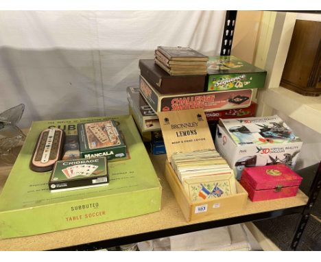 Collection of postcards, Subbuteo, board games, Itek 3D goggles, etc.