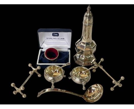 Silver octagonal caster, Birmingham 1965, pair Victorian silver open salts, London 1868, pair silver carver rests, silver lad