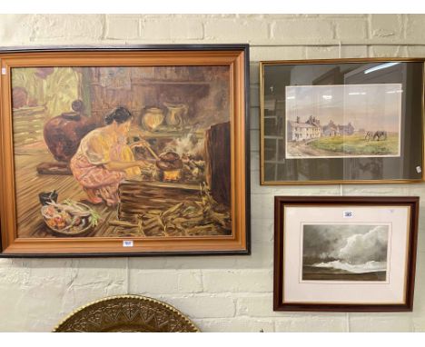 Collection of twelve various framed pictures including Geo Skelton landscape watercolours, Pedro Amorsolo oil on canvas, oak 