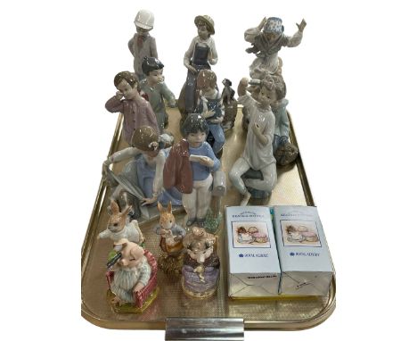 Three Lladro and seven Nao figures and four Royal Albert Beatrix Potter characters and Ladybird Peter Rabbit book.