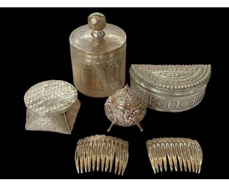 Four Sterling and white metal containers and pair hair comb slides (5).