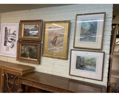 Collection of watercolours, pastels and prints including three John Degnan watercolours, seascape watercolour, folio of maps,