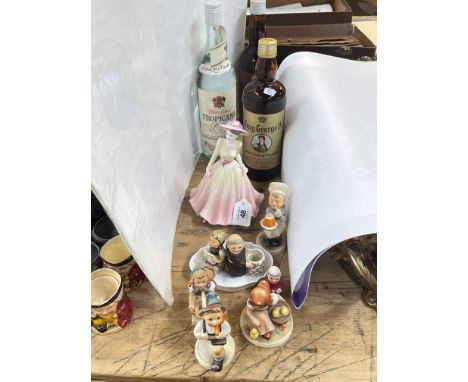 Three bottles of spirits including King George IV whisky, Hummel figurines, etc.