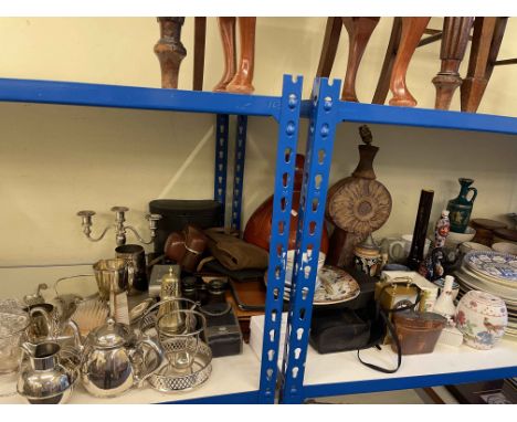 Collection of silver plated wares, table lamps, cameras, tea caddy, decorative porcelain, etc.