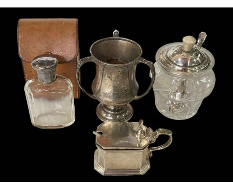 Elkington &amp; Co silver three handle cup, Birmingham 1924, 10cm, silver mustard pot and silver lidded preserve with spoon, 