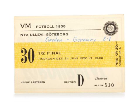 1958 FIFA WORLD CUP SEMI-FINAL TICKET, SWEDEN VS. GERMANY, 24 JUNE 1958 sektion D vanster plats 510