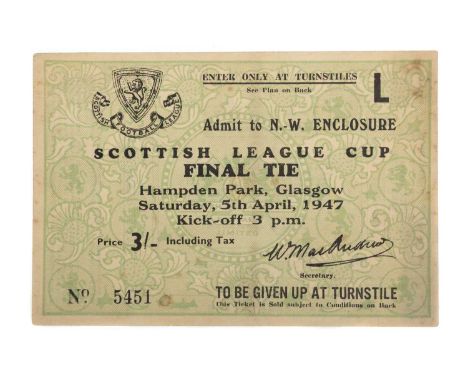 RANGERS F.C. VS. ABERDEEN F.C., SCOTTISH LEAGUE CUP FINAL TICKET, 5TH APRIL 1947  No. 5451Note: Rangers won this, the first e