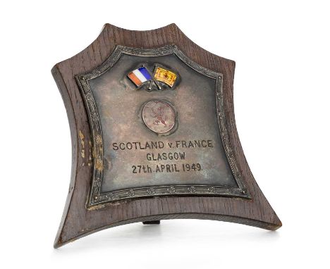 WILLIE WOODBURN OF SCOTLAND, VS. FRANCE PRESENTATION PLAQUE, GLASGOW, 27TH APRIL 1949  in enamelled silver plate, inscribed, 