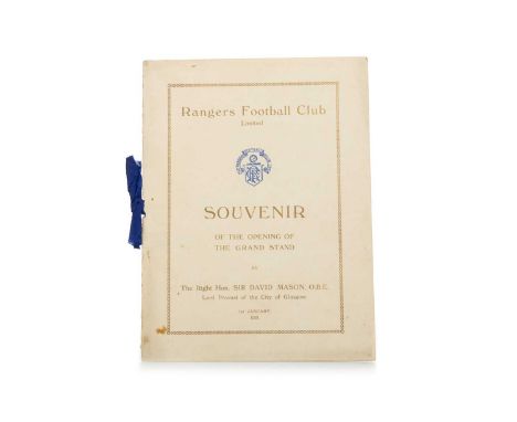 RANGERS F.C., SOUVENIR PROGRAMME, 1ST JANUARY 1929 for the opening of the Grand Stand by the Right Hon. Sir David Mason, O.B.