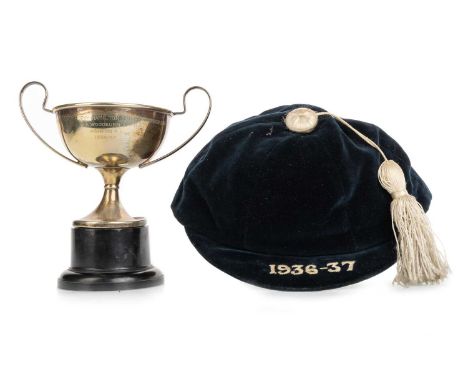 WILLIE WOODBURN OF AHSTON F.C., EVENING NEWS TROPHY - HAMILTON TROPHY - TIMPSON CUP, AND CAP, 1936/37  the silver plated twin