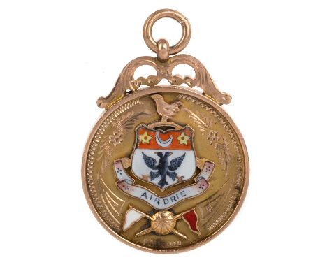 JAMES REID OF AIRDRIEONIANS F.C., LANARKSHIRE CUP WINNER'S GOLD MEDAL, 1922/23  the obverse with enamel Airdrie crest over in