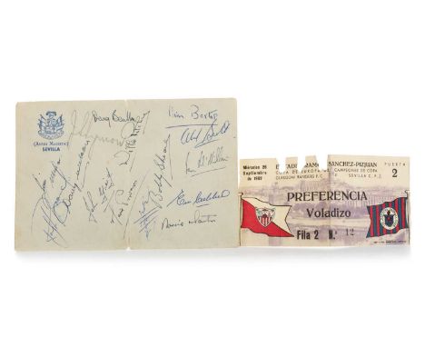 SEVILLA F.C. VS. RANGERS F.C., TICKET AND SIGNED ENVELOPE, 26TH SEPTEMBER 1962 the ticket for Fila 2 No, 12, the envelope for