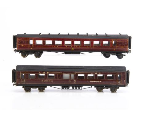A pair of 0 Gauge LMS corridor Dining Cars by Bonds or similar,  of wooden construction, 1st/3rd Dining Saloon 17" long over 