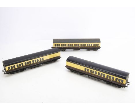 Unboxed Exley 0 Gauge GWR Suburban Coaches, all in GWR brown/cream livery, an early 3rd-class compartment coach no. 2727, wit