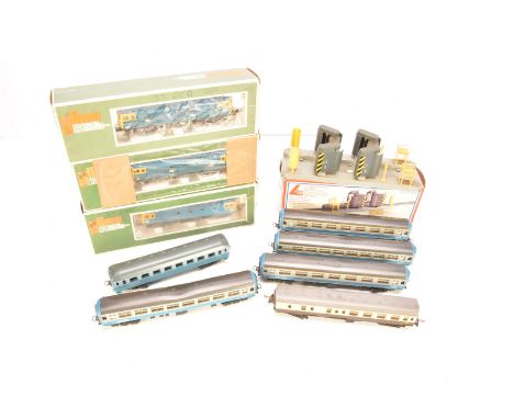 Lima HO Gauge BR Diesel Locomotives and Coaches, three boxed BR blue  locomotives, 33016, 33022, 33017 with altered logos and