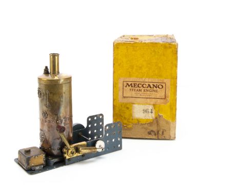 A boxed Meccano 1920s live steam Stationary Engine, on blue base with brass vertical boiler and horizontal oscillating cylind