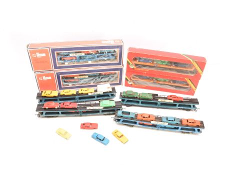 OO Gauge Car Transporters, Hornby Margate R126 Car Transporter (2) each with three cars (rails appear glued in place) both bo