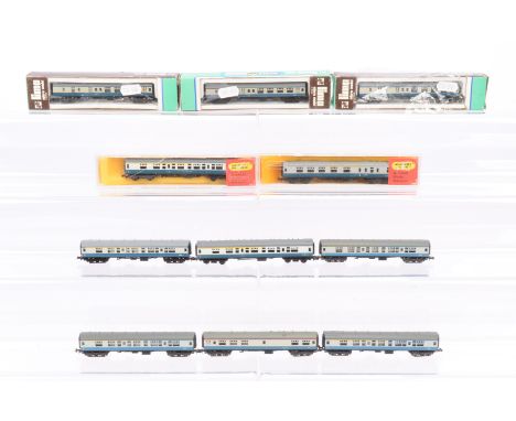 N Gauge BR Blue/Grey Coaching Stock, three Hornby Minitrix examples two cased N303/N306 and Lima 306 (3) all boxed and five u