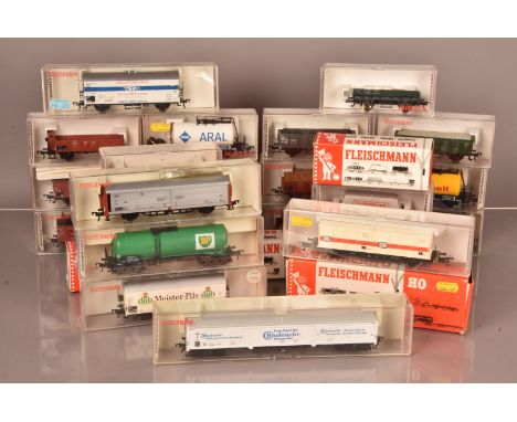 Fleischmann and Roco HO Goods Wagons, a cased/boxed collection, includes open trucks, wagons, tank wagons, sliding door wagon