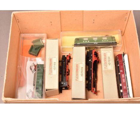 N Gauge Continental Locomotive Bodies, five examples, Fleischmann 107232 DB diesel, 107159 DB steam, 107078 DB steam (all wit
