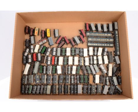 N Gauge Goods Wagons Coaches and Diesel Locomotive, four BR blue/grey coaches unboxed by Lima and goods wagons all unboxed pr
