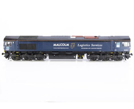 A modified Accucraft Gauge 1 class 66 Co-Co Diesel Locomotive, in original box, cat ref ART 23204, in 'Malcolm Logistics' blu