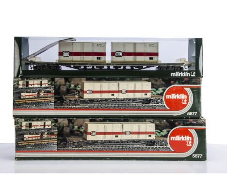 Boxed Märklin Gauge 1 German (DB) Freight Stock, comprising two ref 5877 container wagons and one 5835 bogie coal hopper in g