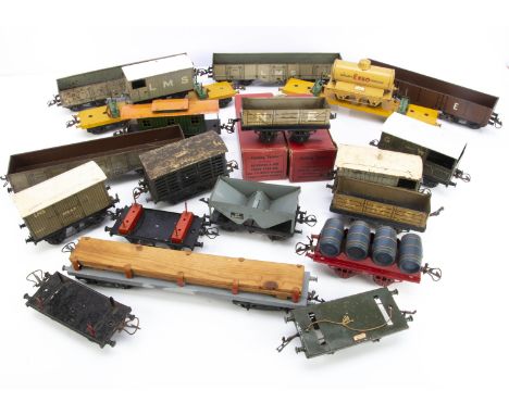 Unboxed Hornby 0 Gauge Freight Stock, No. 2 stock including three LMS high-capacity wagons (1 G, 2 P), another overpainted in